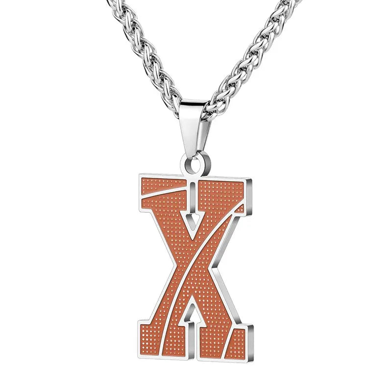A curated collection of basketball-textured initial letter necklaces designed for wholesale buyers. Featuring a detailed basketball-grain finish on a stainless steel pendant and matching chain.