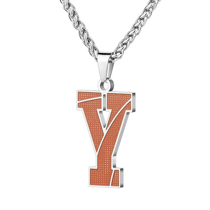 A curated collection of basketball-textured initial letter necklaces designed for wholesale buyers. Featuring a detailed basketball-grain finish on a stainless steel pendant and matching chain.