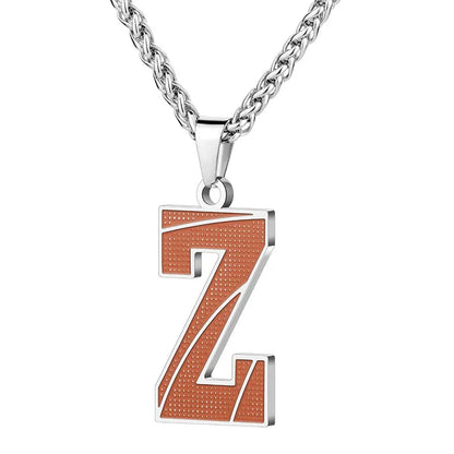 A curated collection of basketball-textured initial letter necklaces designed for wholesale buyers. Featuring a detailed basketball-grain finish on a stainless steel pendant and matching chain.