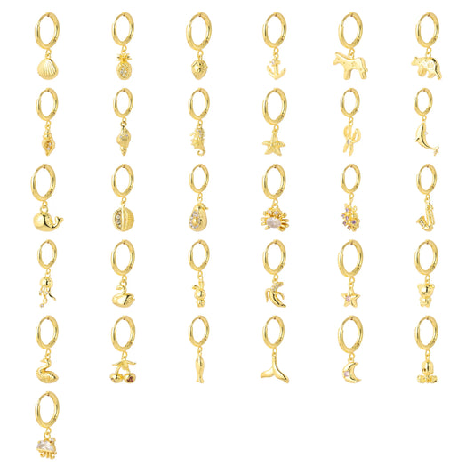 A curated collection of gold-tone dangling earrings featuring various charming motifs, including shells, fruits, animals, and sea creatures. Perfect for adding a playful, elegant touch to any outfit. A ready-to-sell bestseller for gift shops and fashion retailers.