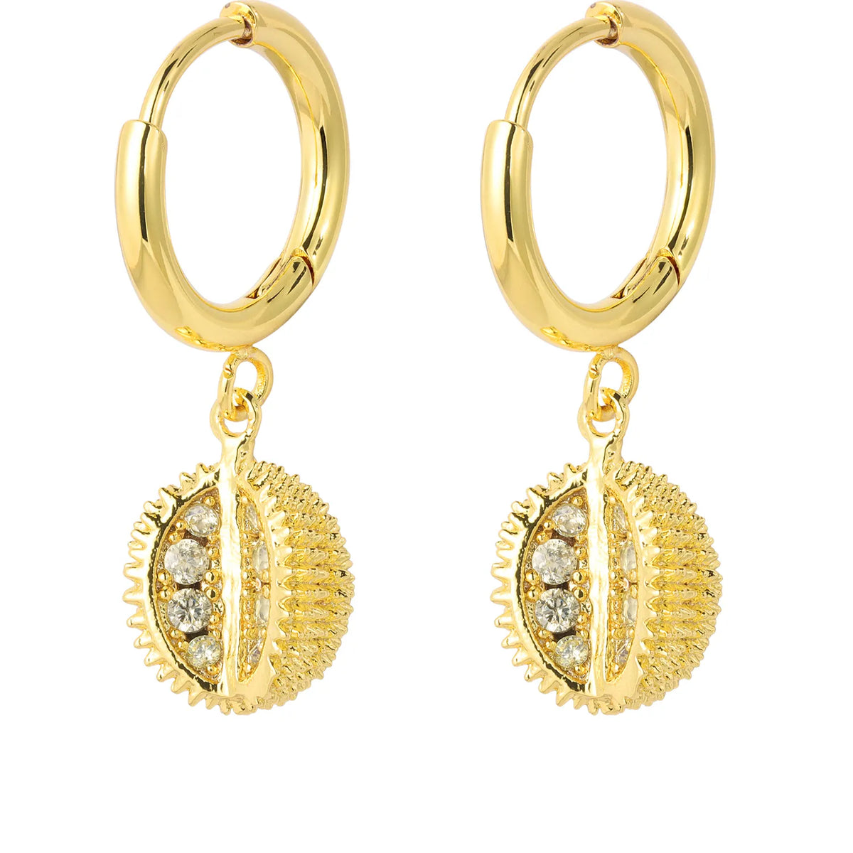 A curated collection of gold-tone dangling earrings featuring various charming motifs, including shells, fruits, animals, and sea creatures. Perfect for adding a playful, elegant touch to any outfit. A ready-to-sell bestseller for gift shops and fashion retailers.