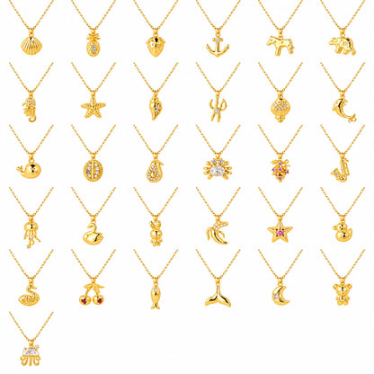 A curated collection of gold-tone pendant necklaces featuring various charming motifs, including shells, fruits, animals, and sea creatures. Complete with a delicate matching chain, these necklaces are perfect for everyday wear. A ready-to-sell bestseller for gift shops and fashion retailers.