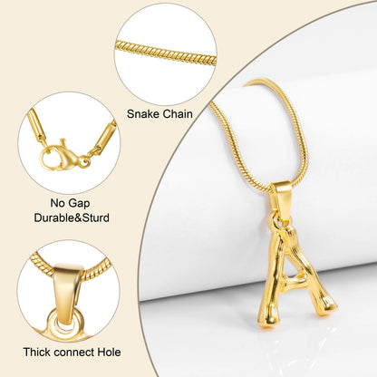 Gold-tone initial pendant necklace with snake chain, lobster clasp and reinforced pendant connection details