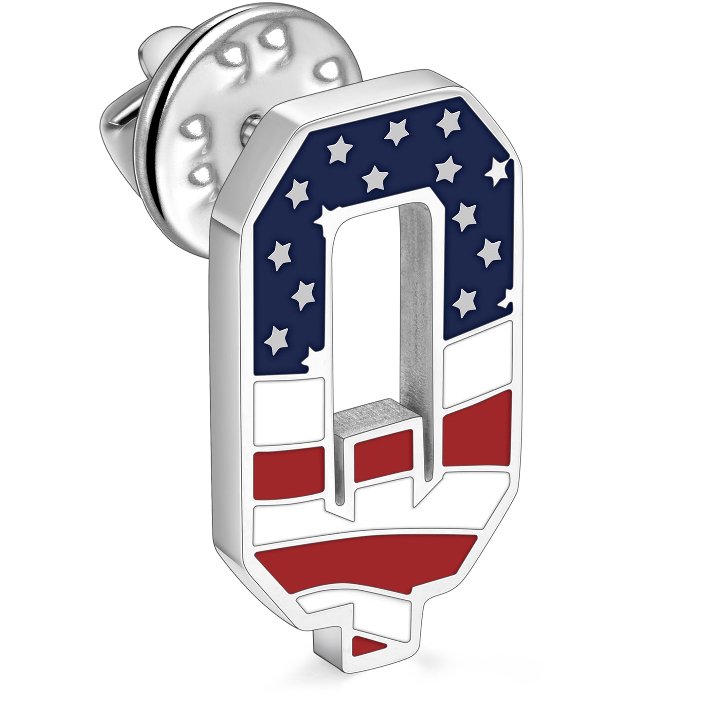 American Flag Letter Q Brooch Pin in 316L Stainless Steel with Butterfly Clutch Back