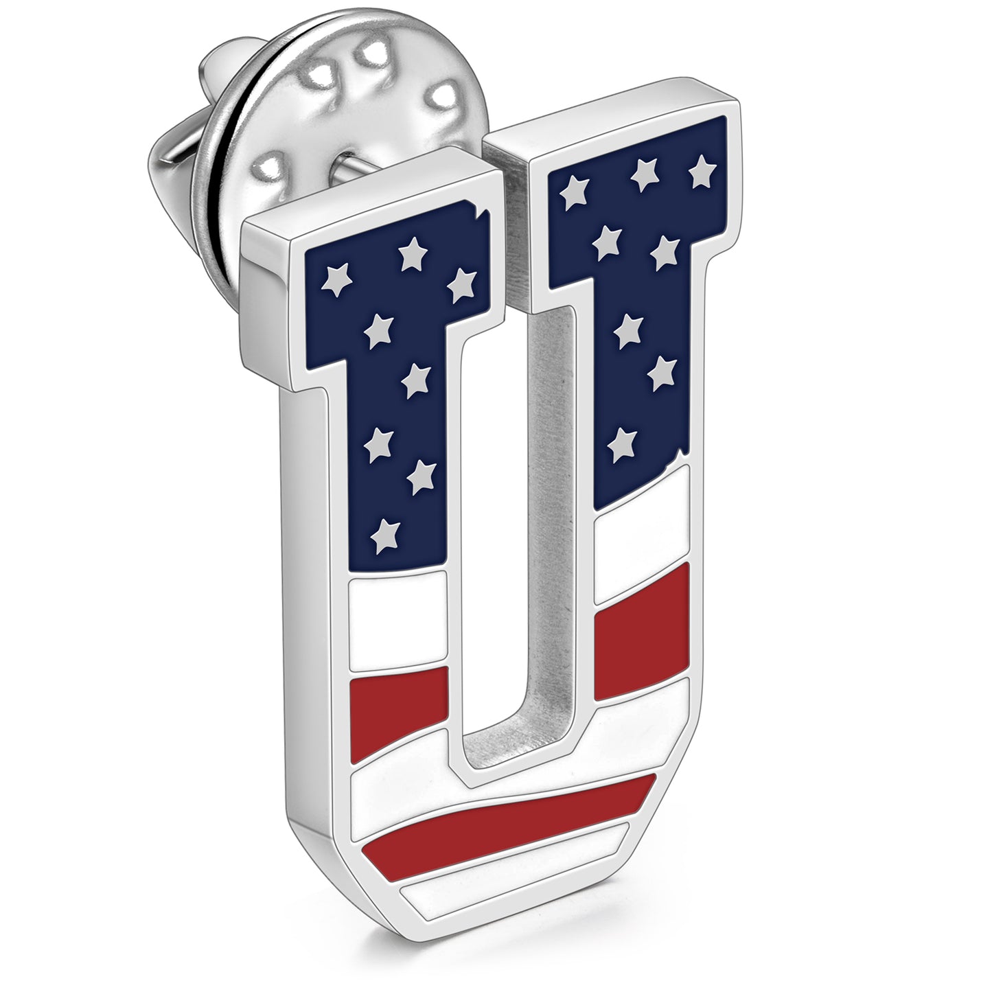 American Flag Letter U Brooch Pin in 316L Stainless Steel with Butterfly Clutch Back