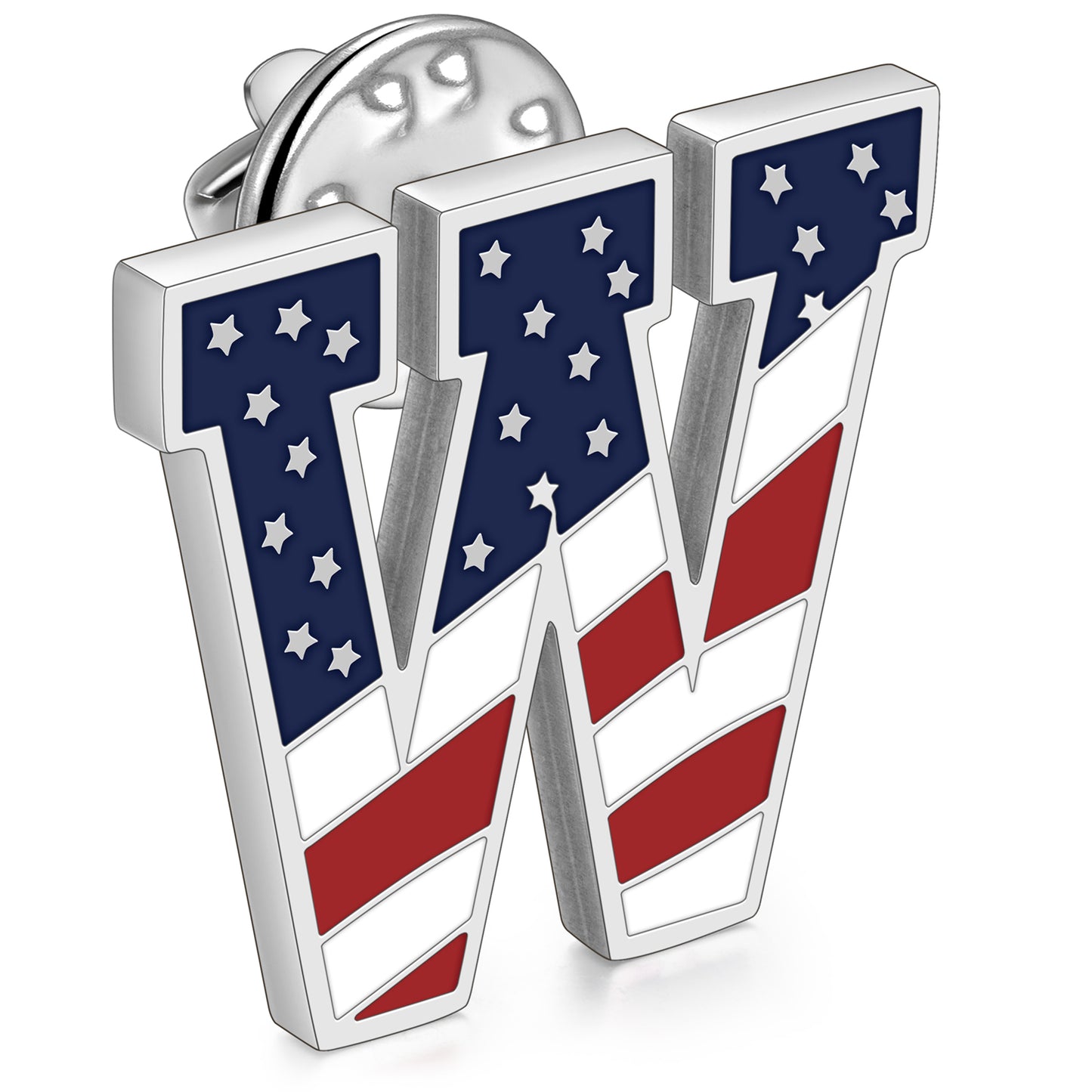 American Flag Letter W Brooch Pin in 316L Stainless Steel with Butterfly Clutch Back