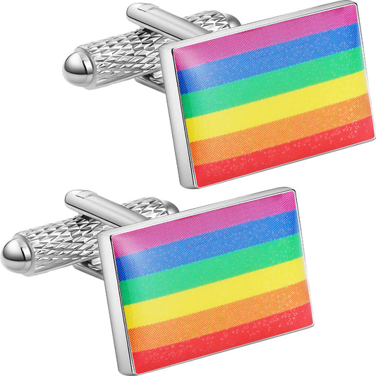 Rainbow Pride Flag Cufflinks, Silver Plated Rectangle LGBT Pride Cuff Links for Men