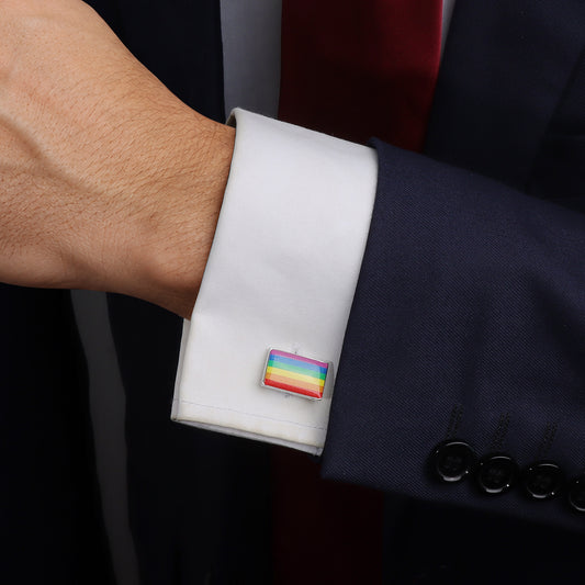Rainbow Pride Flag Cufflinks, Silver Plated Rectangle LGBT Pride Cuff Links for Men