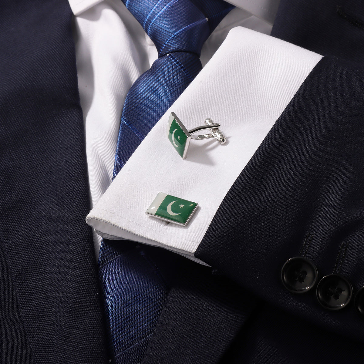 Pakistan Flag Cufflinks, Silver Plated Rectangle Pakistani Flag Cuff Links for Men