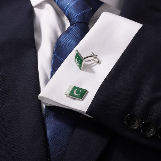 Pakistan Flag Cufflinks, Silver Plated Rectangle Pakistani Flag Cuff Links for Men