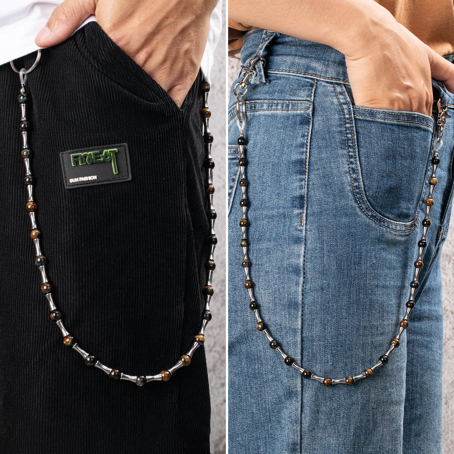 Model wears HAWSON's Tiger's Eye Necklace with jeans