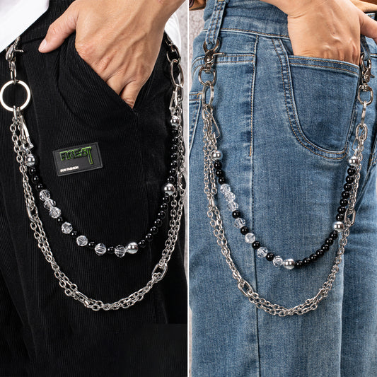Model wears jeans and HAWSON Multi-layer Beaded Wallet Chain