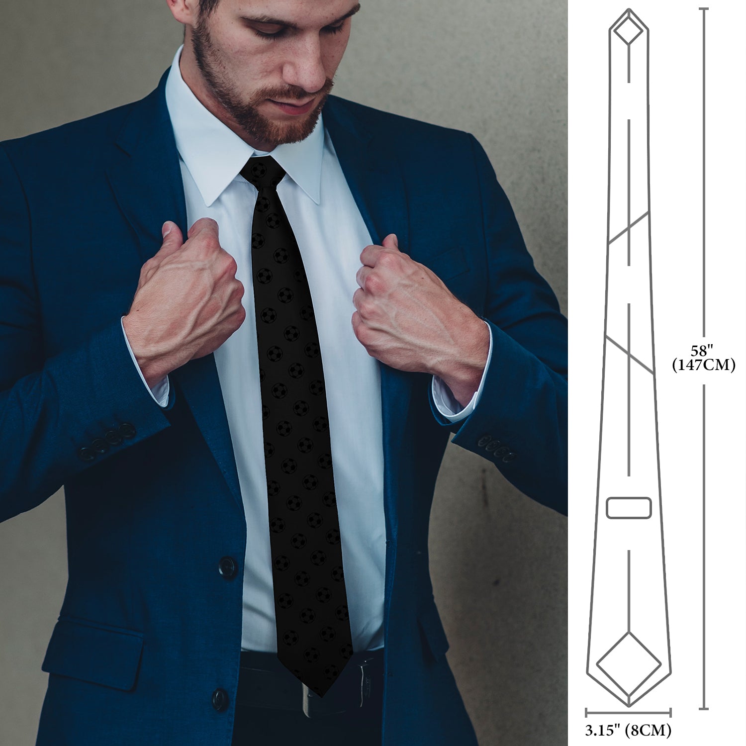 Sophisticated black soccer ball jacquard tie worn with a tailored business suit, expressing confidence and style