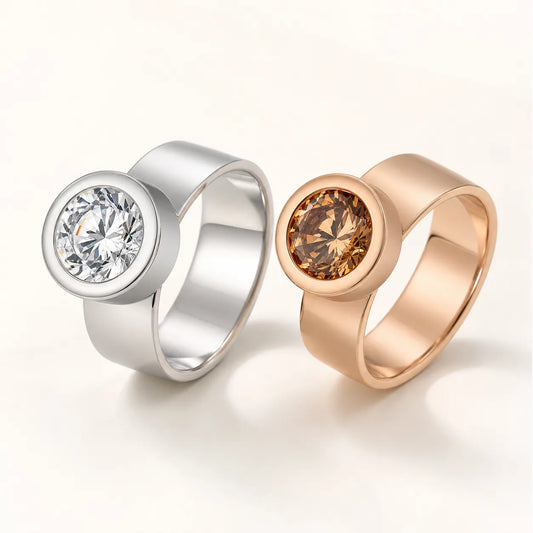Round Crystal Ring Wholesale | Silver & Rose Gold Bezel Design