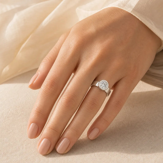 Round Crystal Ring Wholesale | Silver & Rose Gold Bezel Design