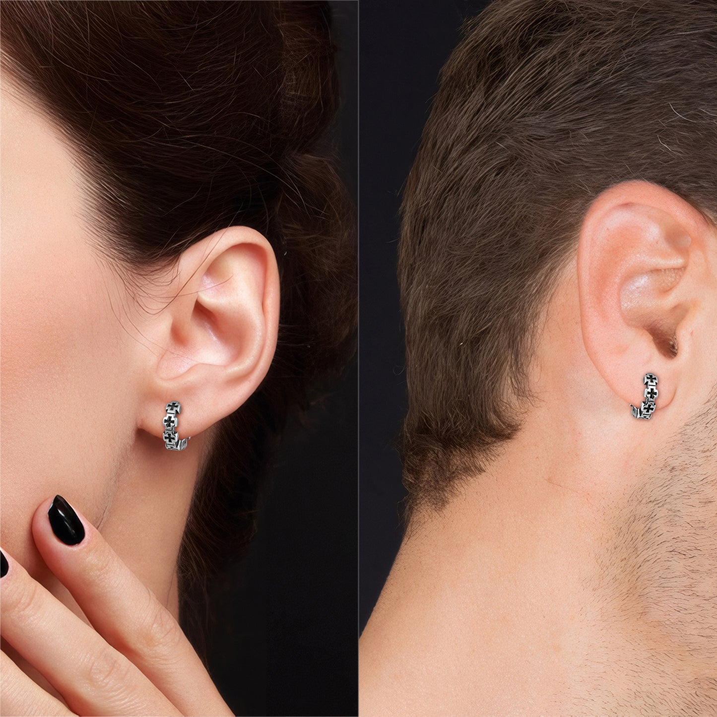 Gothic model wearing HAWSON vintage earrings ear clips
