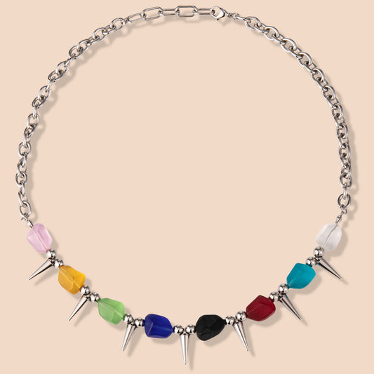 HAWSON colorful beaded punk necklace with stainless steel tip rivets and vintage colored stone beads is designed for everyday wear and special events