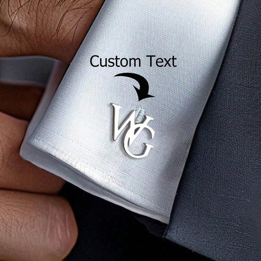 Personalized stainless steel initial cufflinks with custom WG monogram on dress shirt cuff.