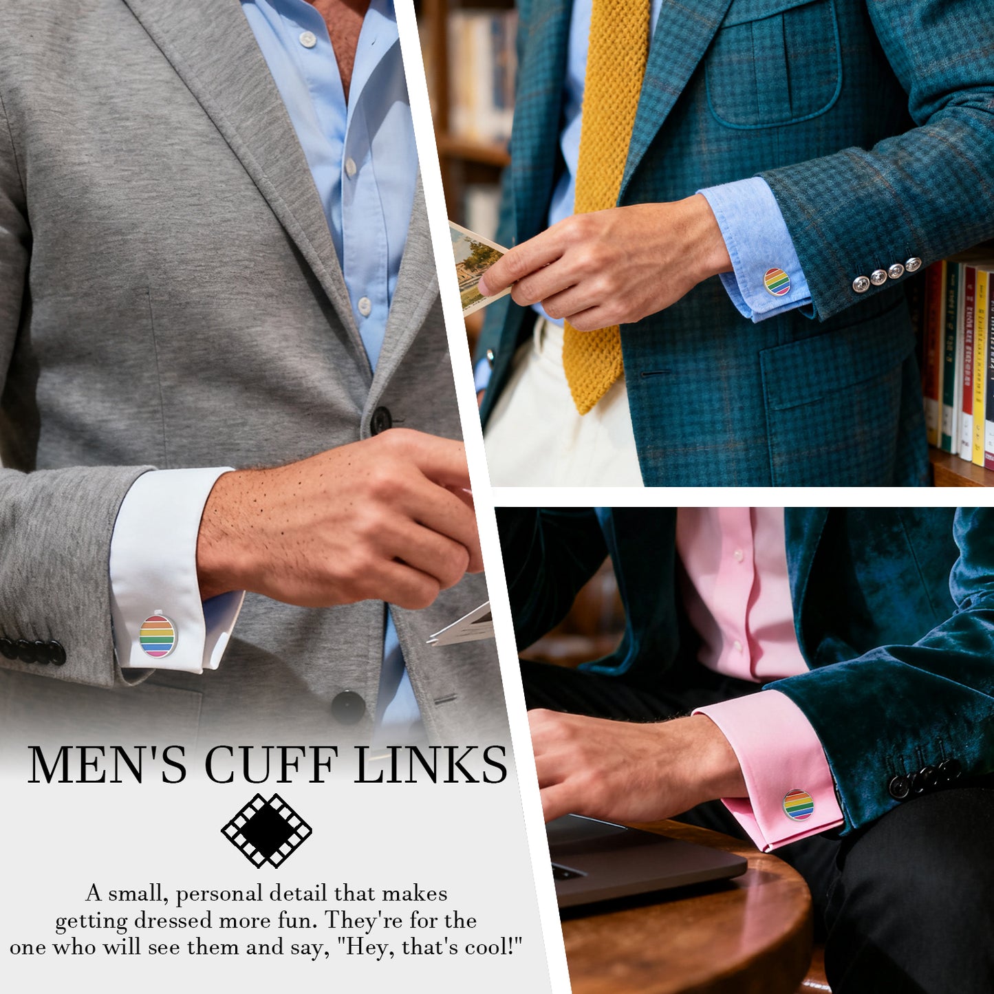 Rainbow Striped Novelty Cuff Links - 18mm Round Pride Cufflinks