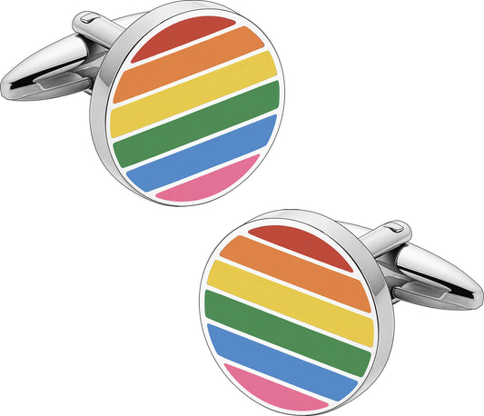 Rainbow Striped Novelty Cuff Links - 18mm Round Pride Cufflinks
