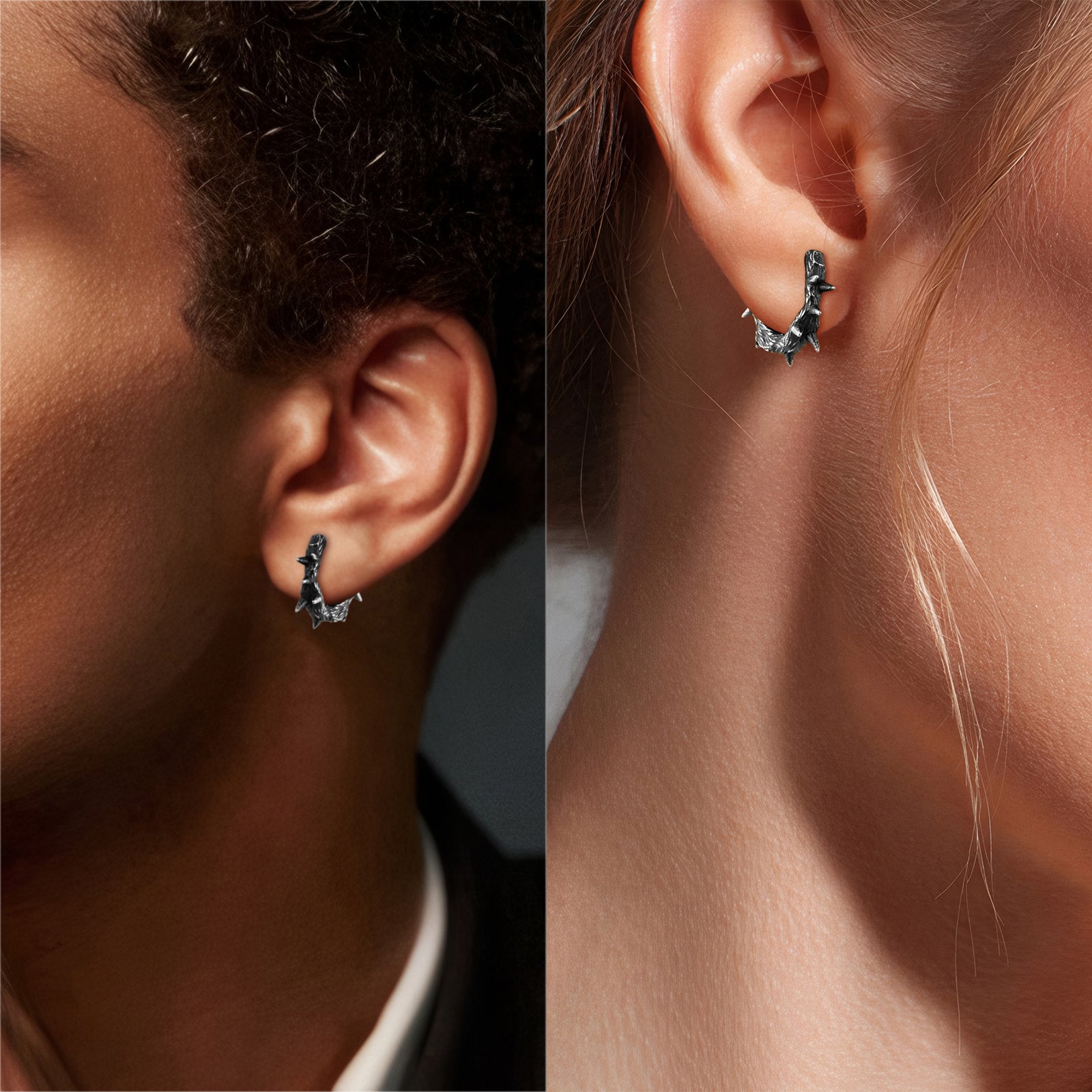 Punk model wearing HAWSON Twisted Thorn Earrings