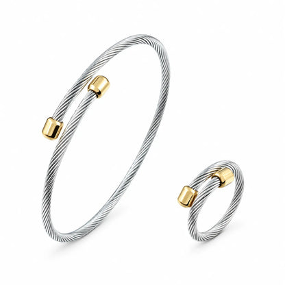 Wholesale Silver & Gold Bead Jewelry Set, Thin Bangle & Ring Duo
