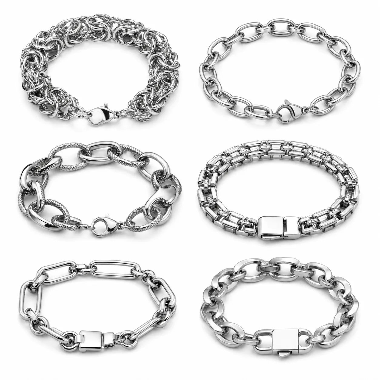 6Pcs Stainless Steel Chain Bracelet Set | Mixed Link Styles