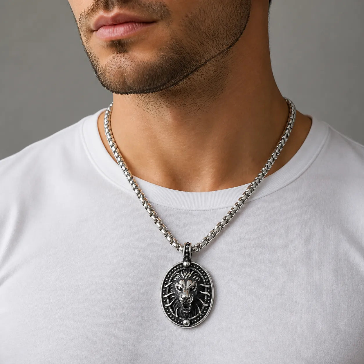 Lion Medallion Pendant Necklace | Vintage Silver Tone