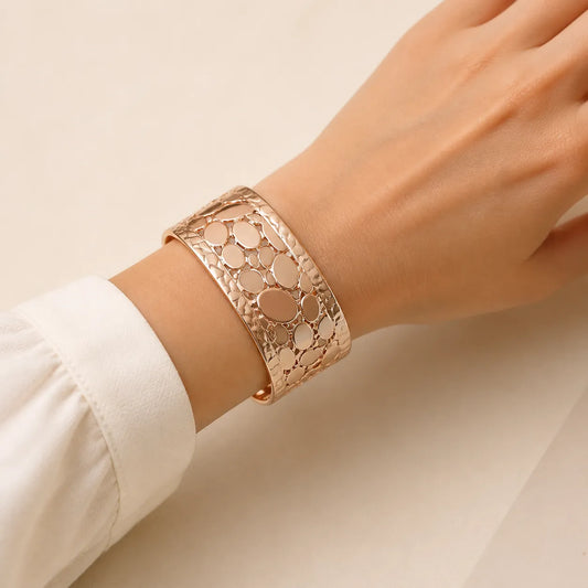 Rose Gold-Plated Alloy Cuff Bracelet – Wide Openwork Geometric Design