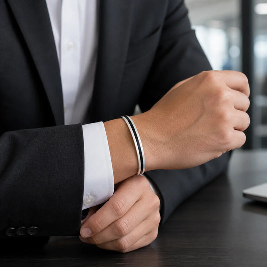 Modern Contrast Cuff Bracelet | Sleek Black & Silver-Tone Open Bangle