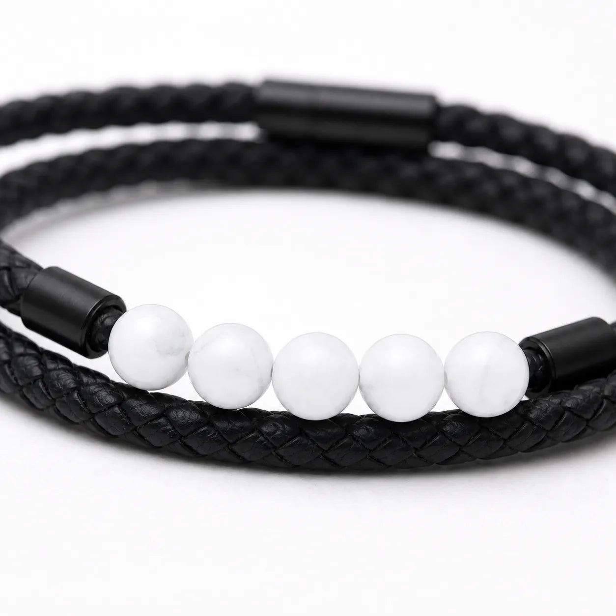 6Pcs Black Double-Wrap Bracelet Set | White Bead Accent