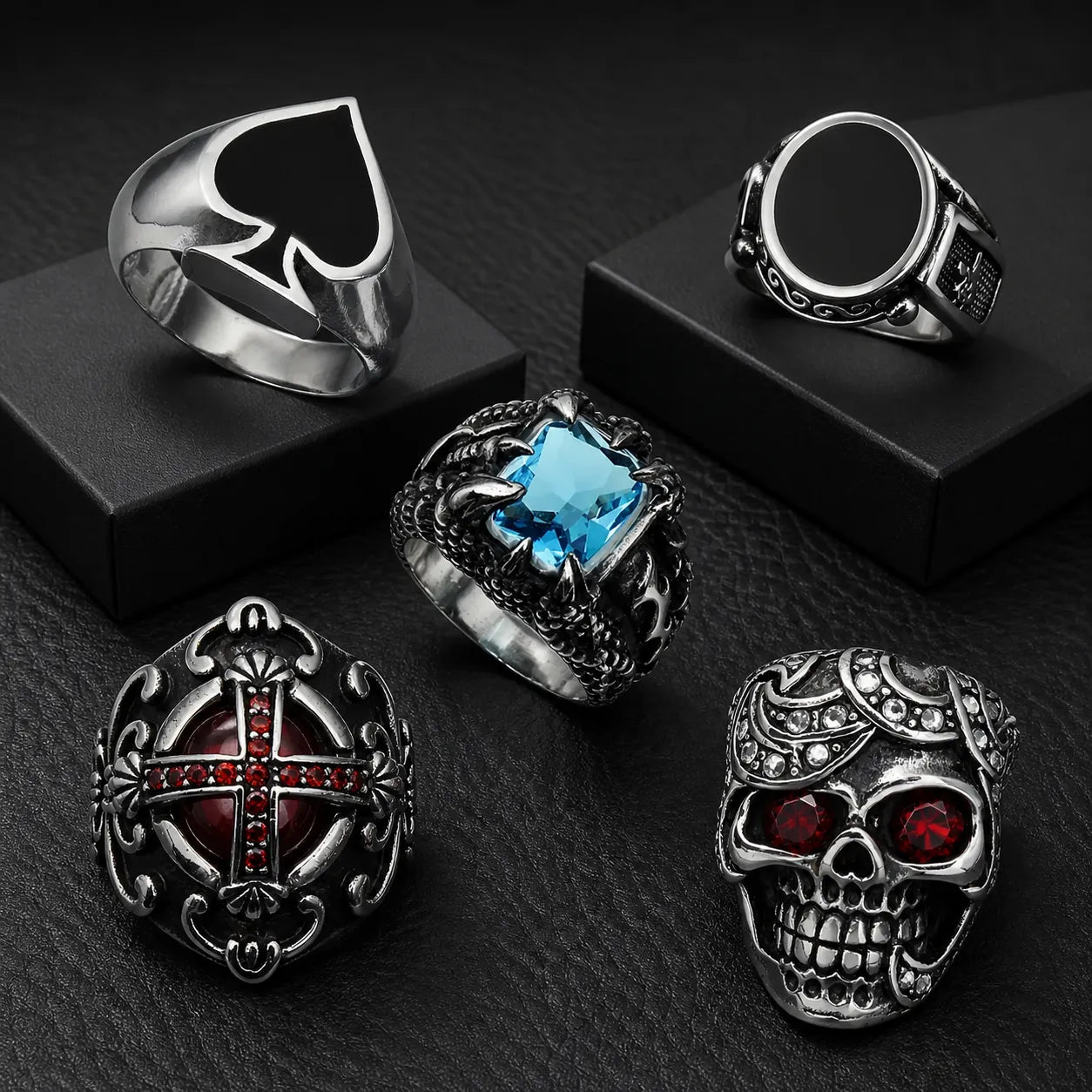 6Pcs Gothic Ring Clearance Set | Fixed Mix of Skull & Cross Styles