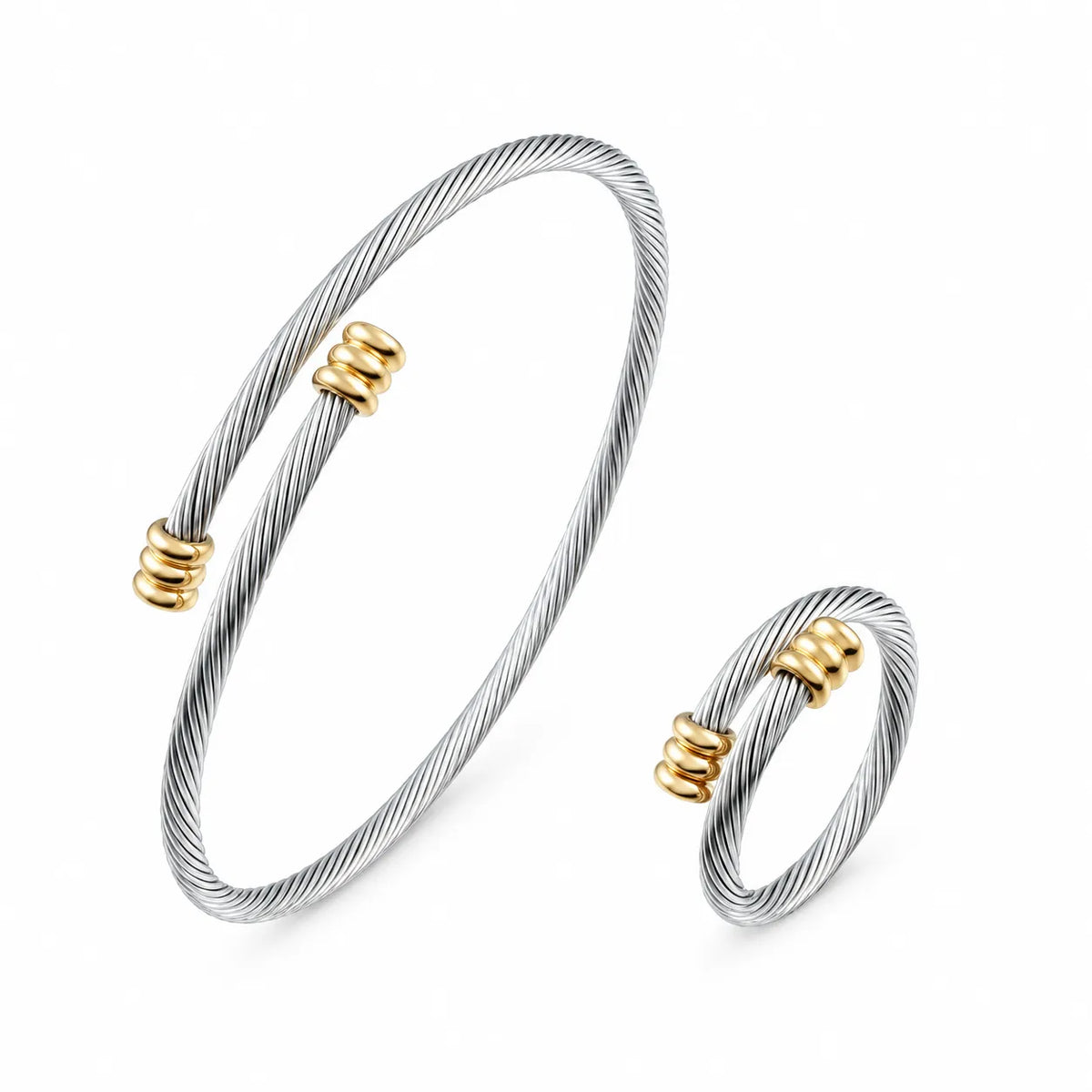 Wholesale Silver & Gold Bead Jewelry Set, Thin Bangle & Ring Duo