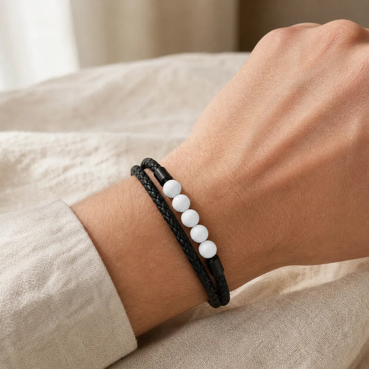 6Pcs Black Double-Wrap Bracelet Set | White Bead Accent