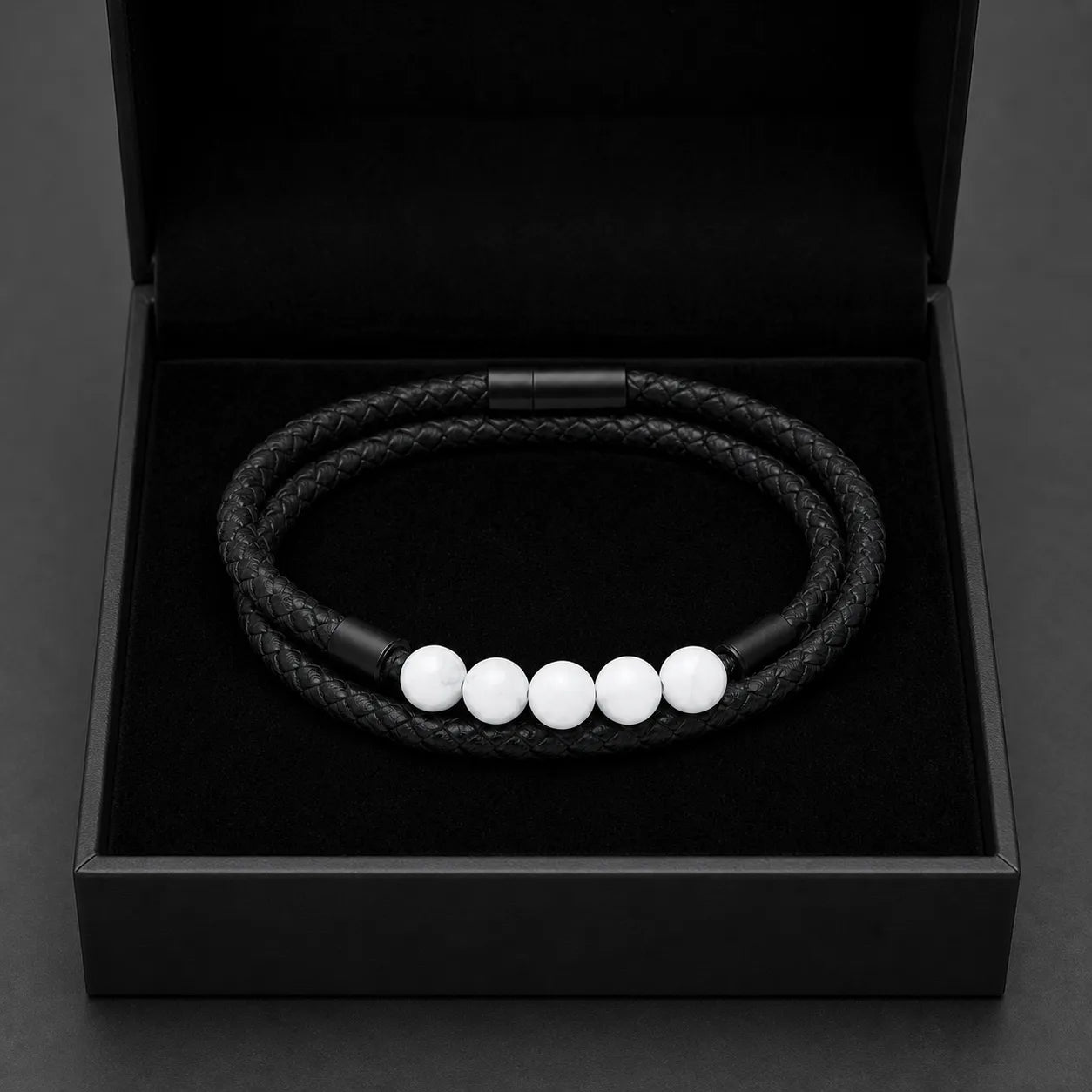 6Pcs Black Double-Wrap Bracelet Set | White Bead Accent