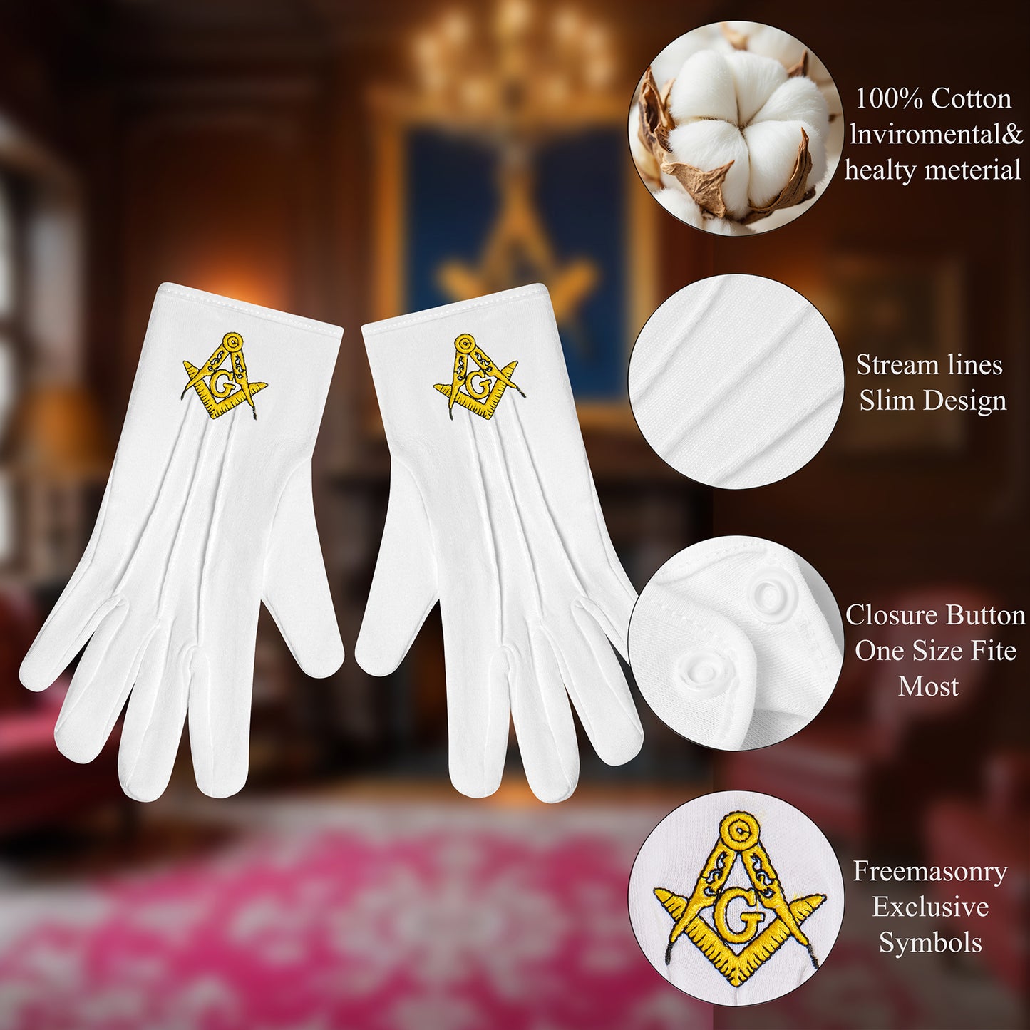 Intricate Gold G and Compass Embroidery on HAWSON Cotton Masonic Ritual Gloves