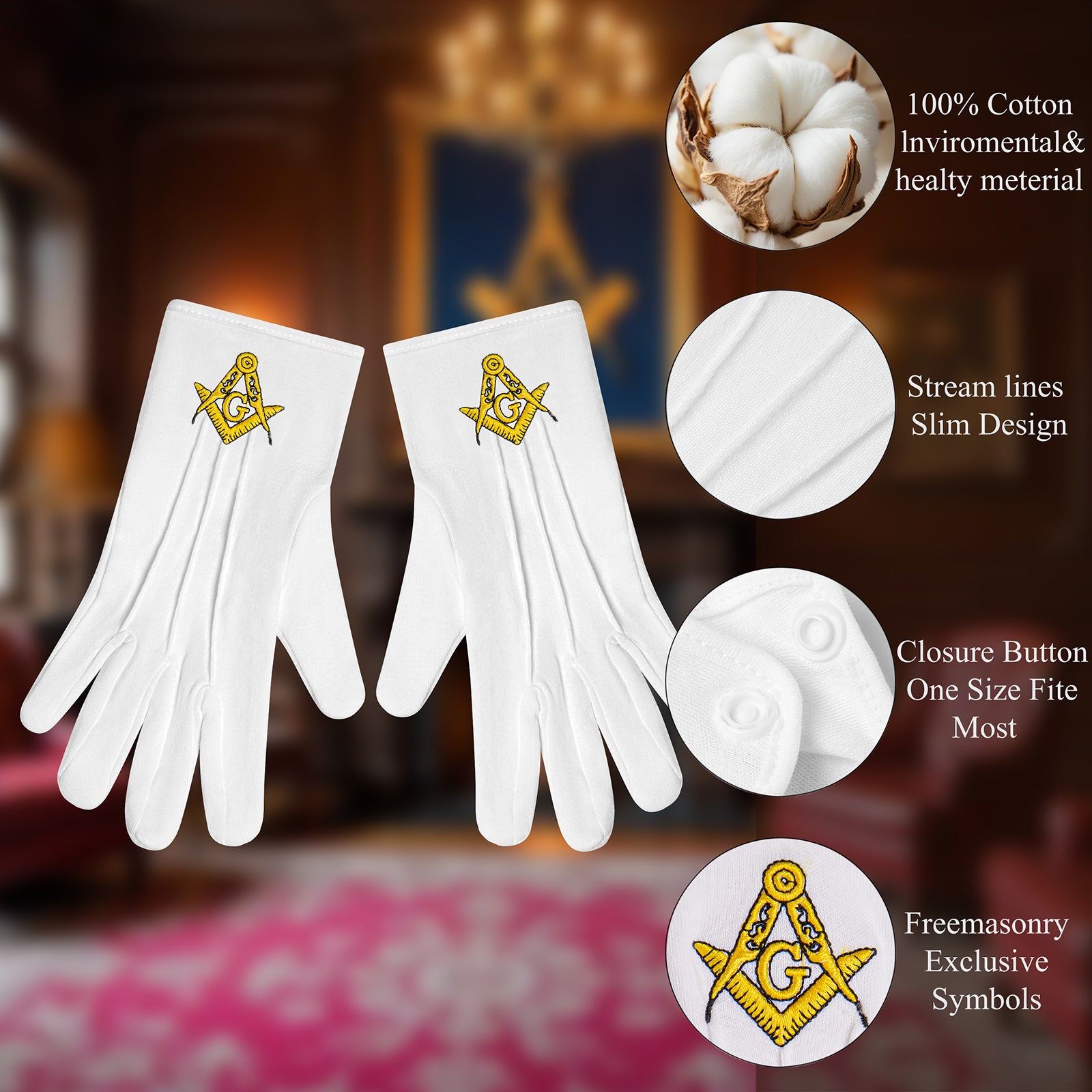Intricate Gold G and Compass Embroidery on HAWSON Cotton Masonic Ritual Gloves