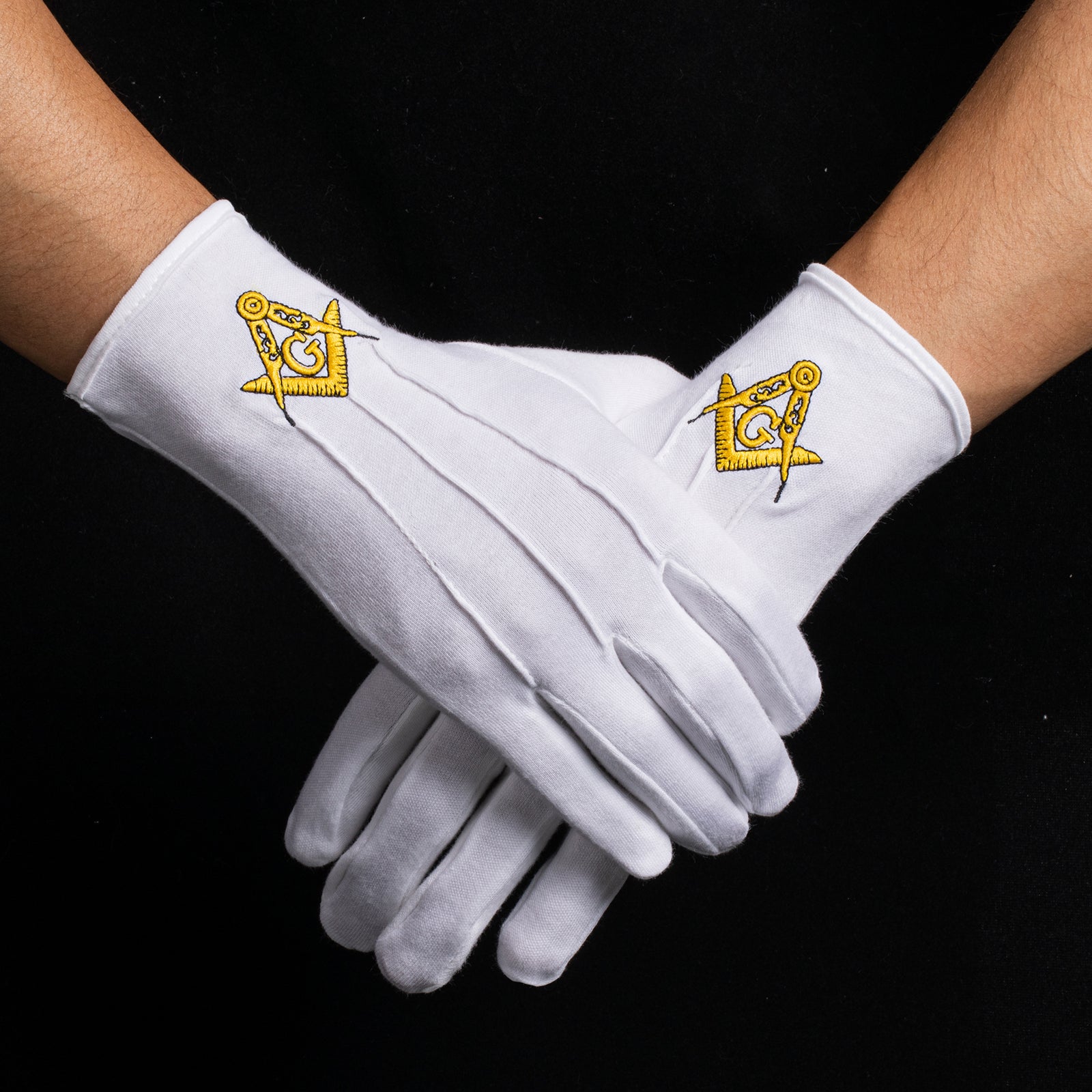 Masonic Lodge Member Wearing HAWSON Gold G Embroidered Gloves with Formal Regalia