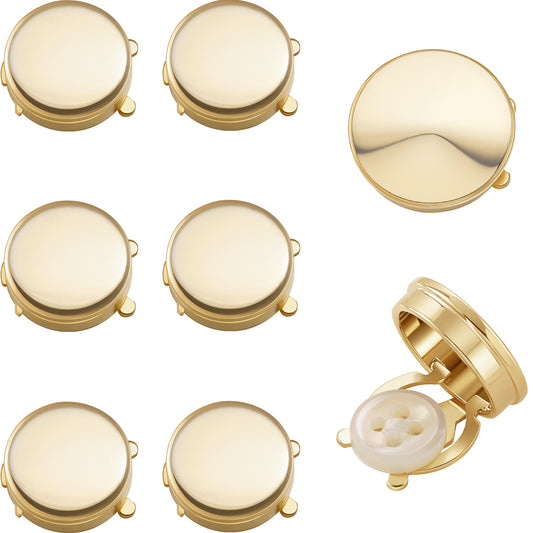 Set of 8 polished gold brass button covers including 6 small and 2 large tuxedo shirt button alternatives.