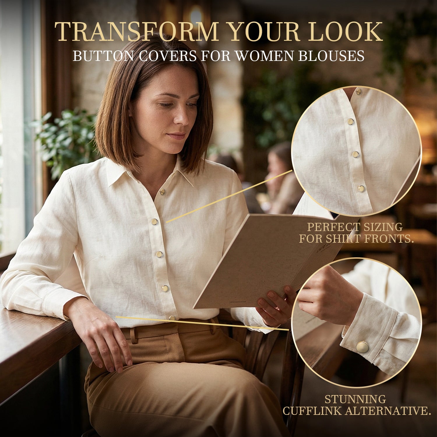 Woman wearing a white blouse styled with polished gold brass button covers as a minimalist cufflink alternative for casual and smart-casual occasions.