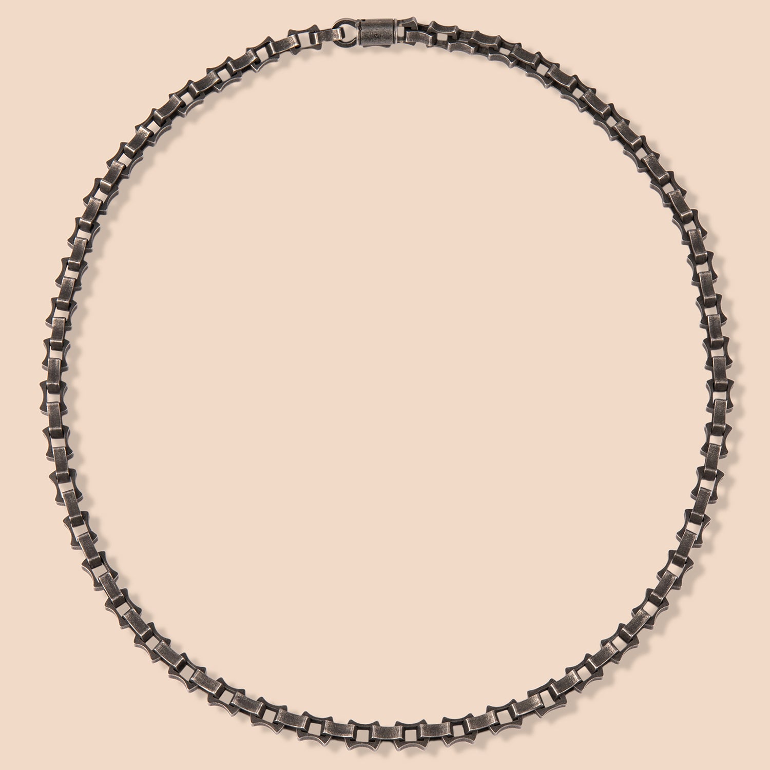 HAWSON Gothic box chain necklace showcasing thick 1mm stainless steel links with dark oxidized finish for men's alternative fashio