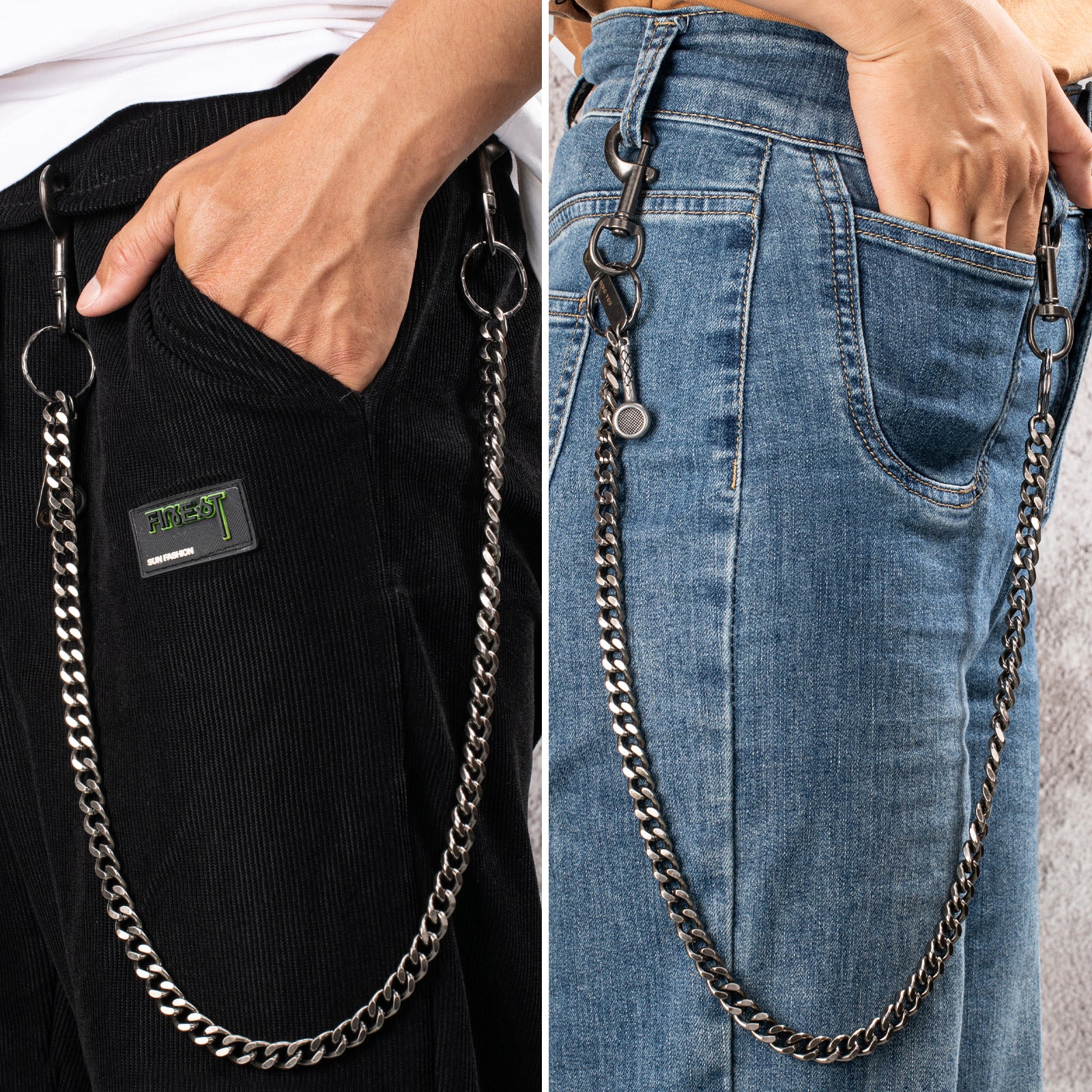 Model wearing a HAWSON industrial curb chain with jeans
