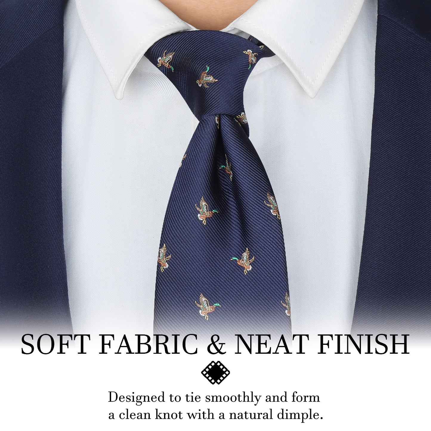 Green duck jacquard men's tie with navy blue background and detailed animal pattern, microfiber necktie for business and casual wear.