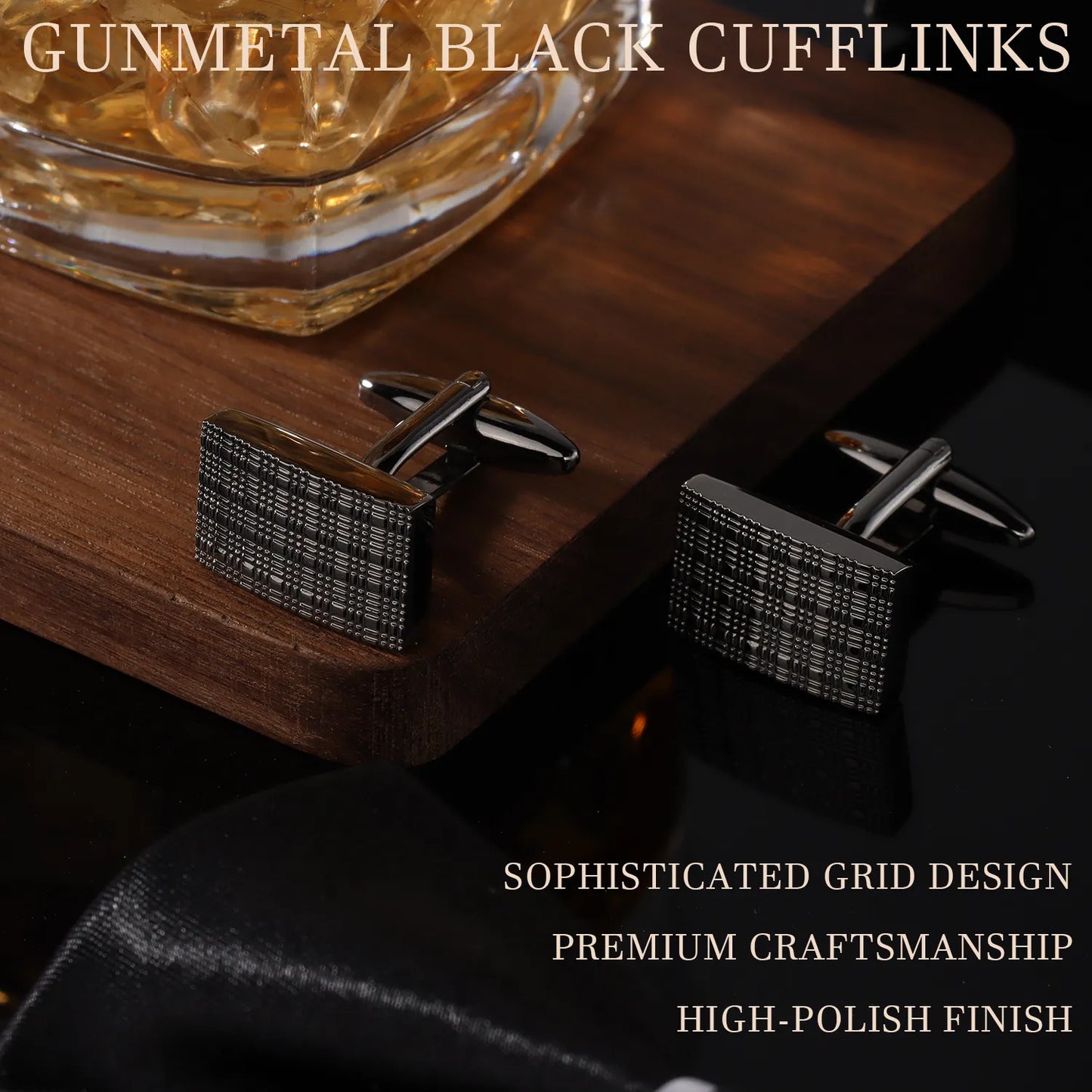Gunmetal black square cufflinks with sophisticated grid texture design