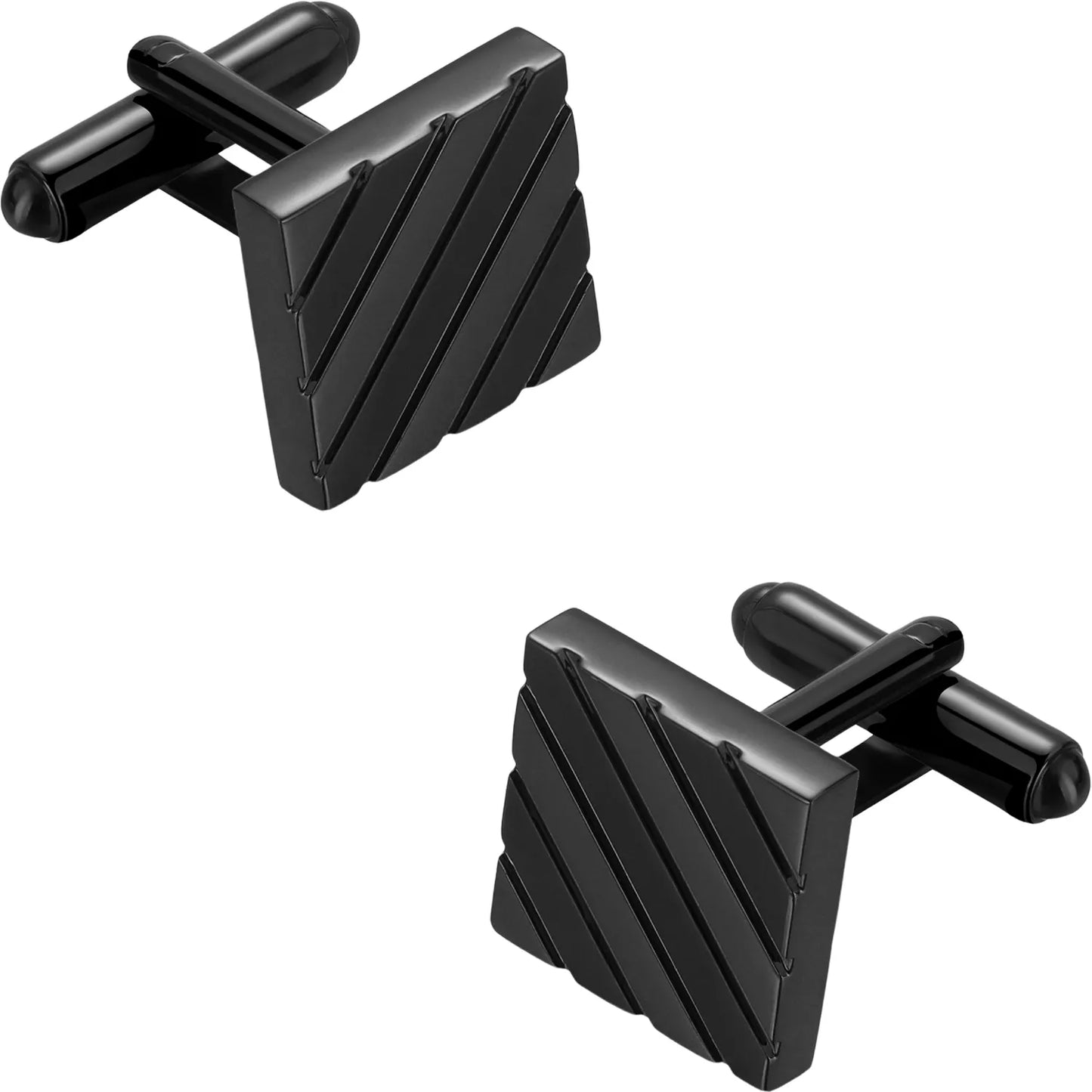 Close-up of gunmetal black square cufflinks with engraved diagonal stripe design