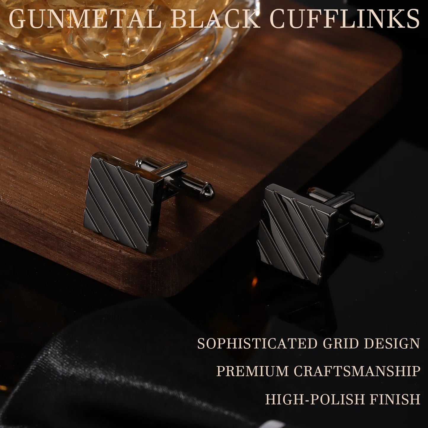 Pair of gunmetal diagonal stripe cufflinks displayed on a wooden stand