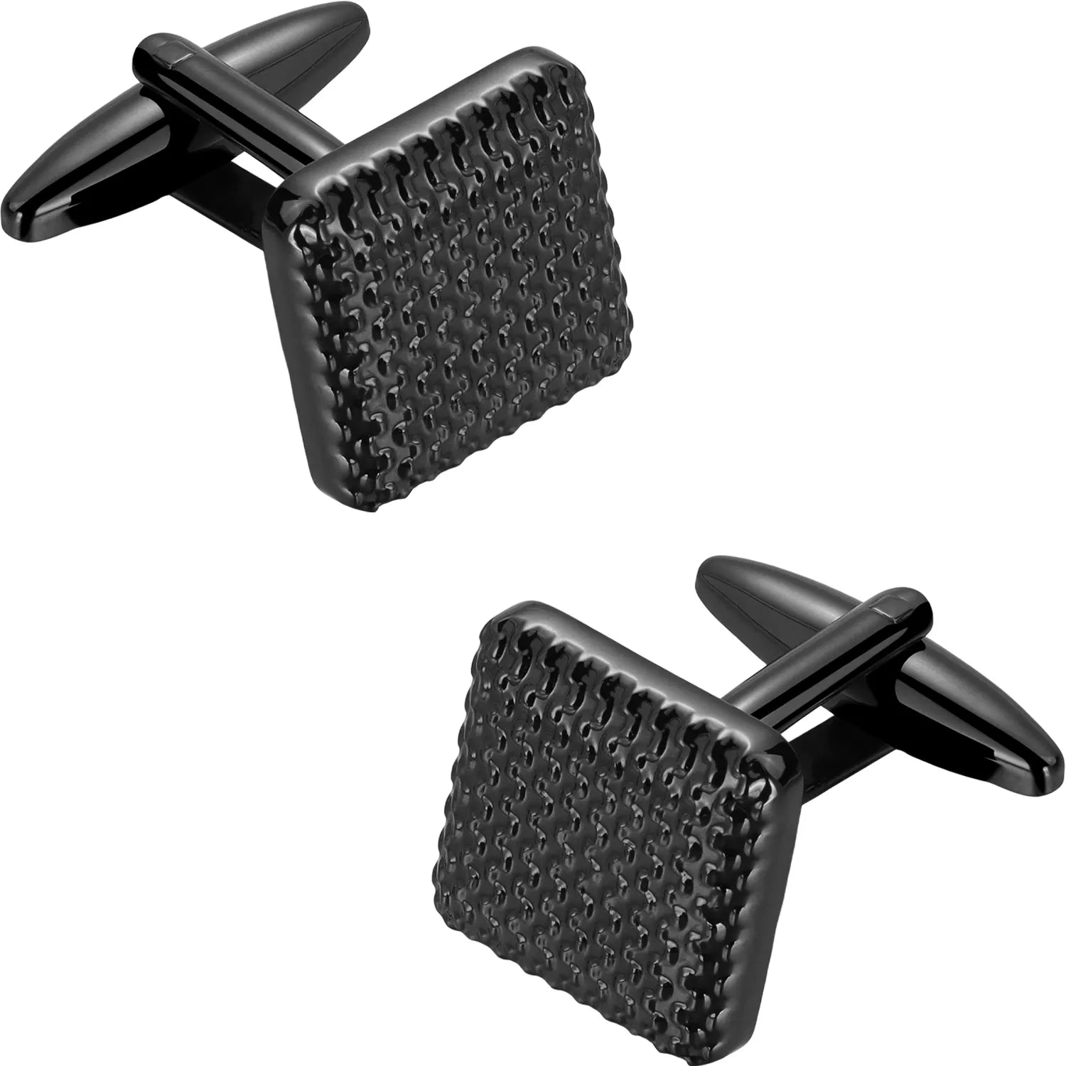 Close-up of gunmetal black square cufflinks with micro-beaded honeycomb texture