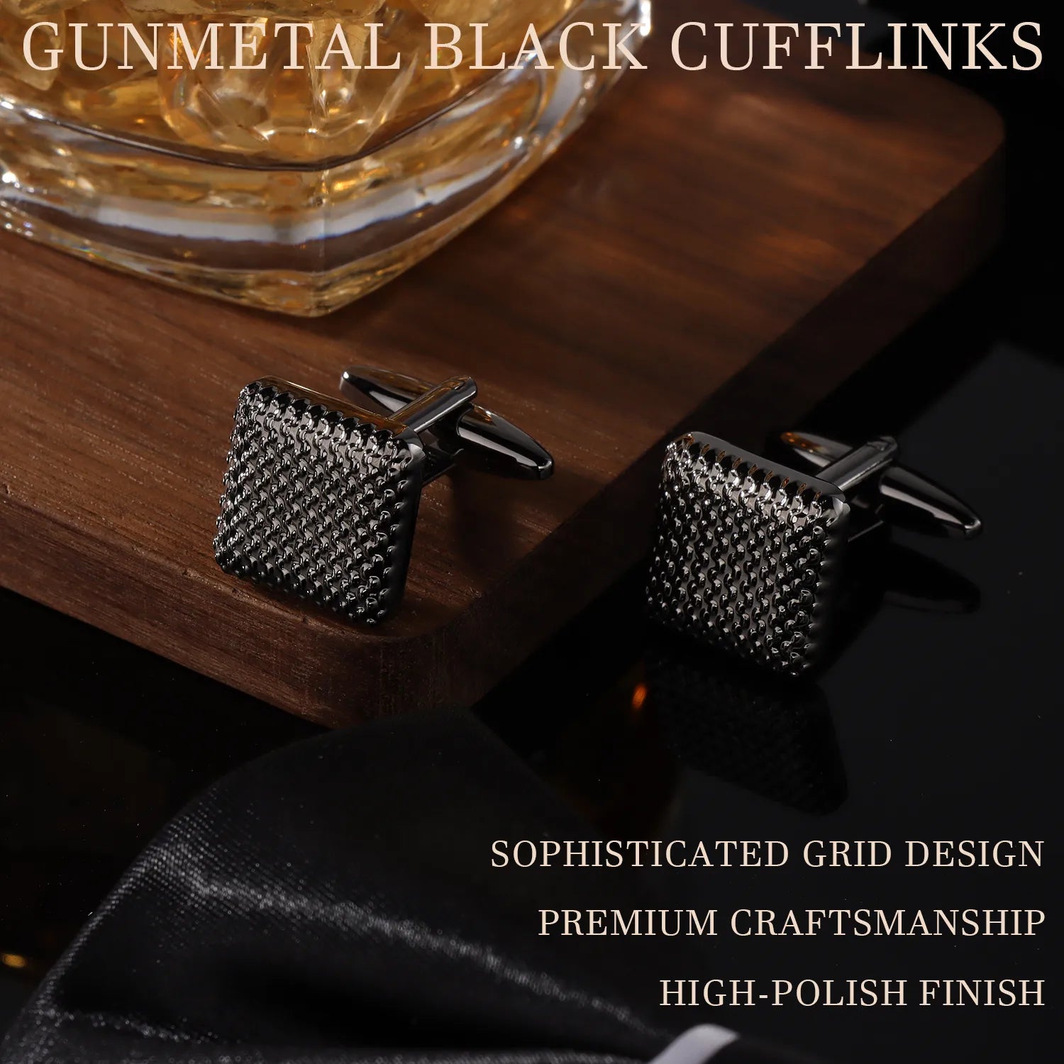 Pair of 16mm gunmetal honeycomb square cufflinks displayed on wooden stand