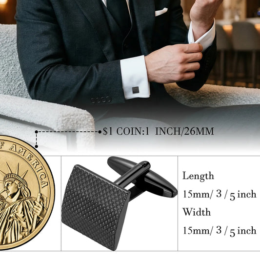 Size specifications of 15mm x 15mm square gunmetal cufflinks compared to a $1 coin