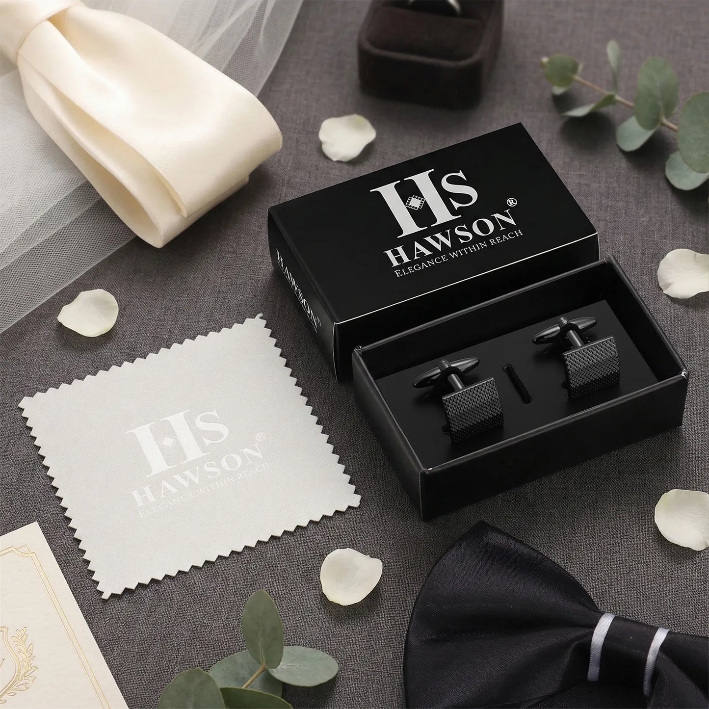 Premium HAWSON gift box set containing gunmetal grid cufflinks and polishing cloth